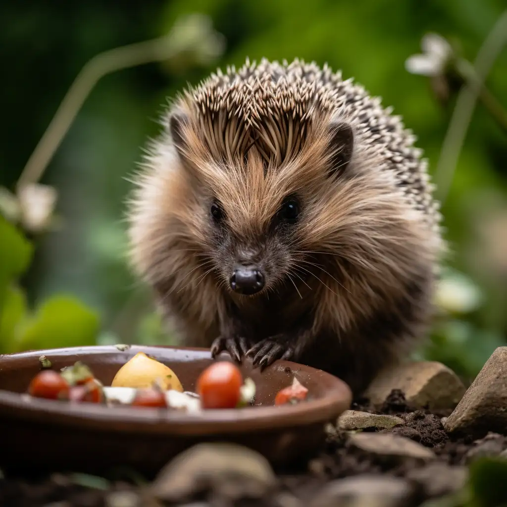 what do hedgehogs eat - image of a hedgehog next to a bowl with fruit
